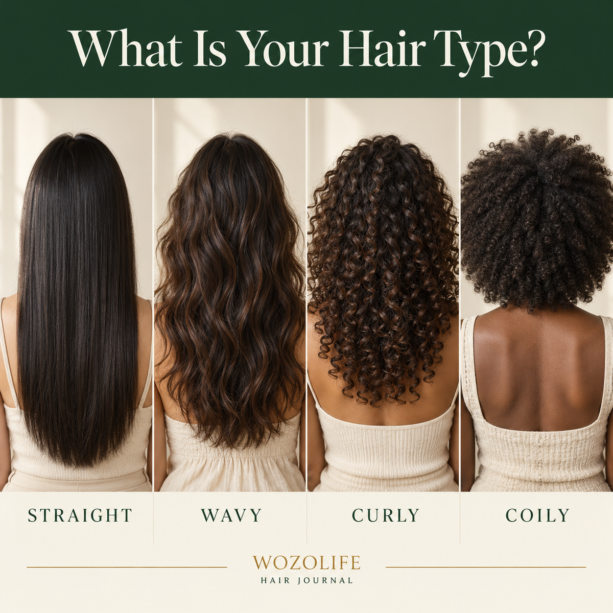 Four hair patterns: straight, wavy, curly, and coily. WOZOLIFE Hair Journal.