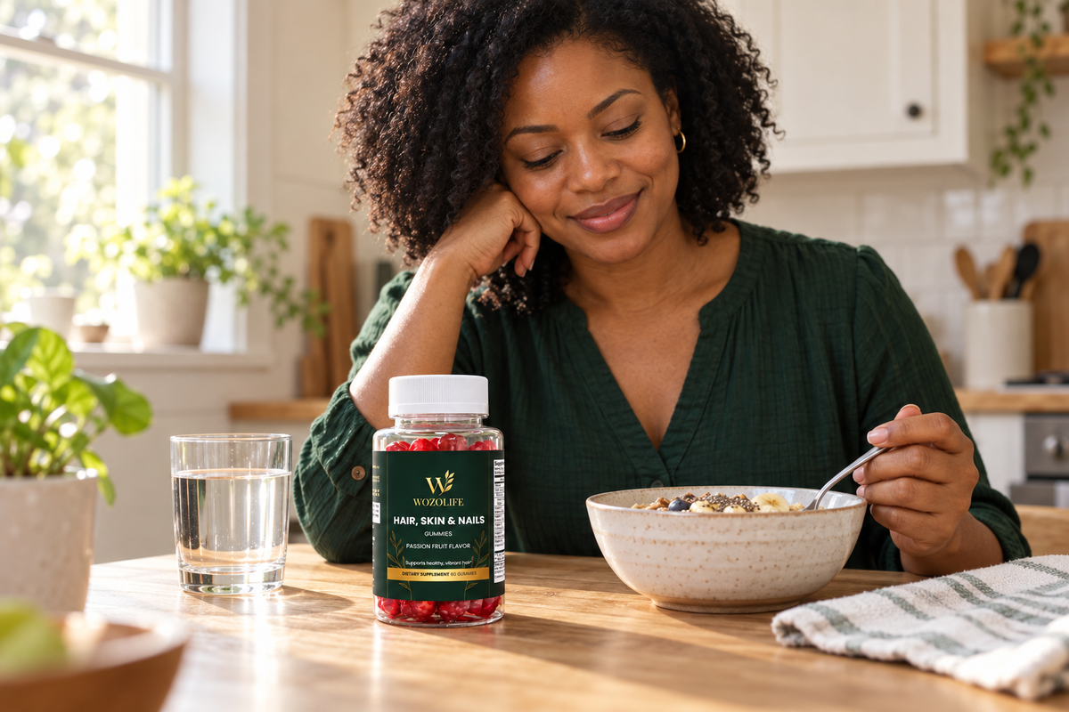 Woman enjoying breakfast with WOZOLIFE Hair, Skin & Nails Gummies and a glass of water on the table