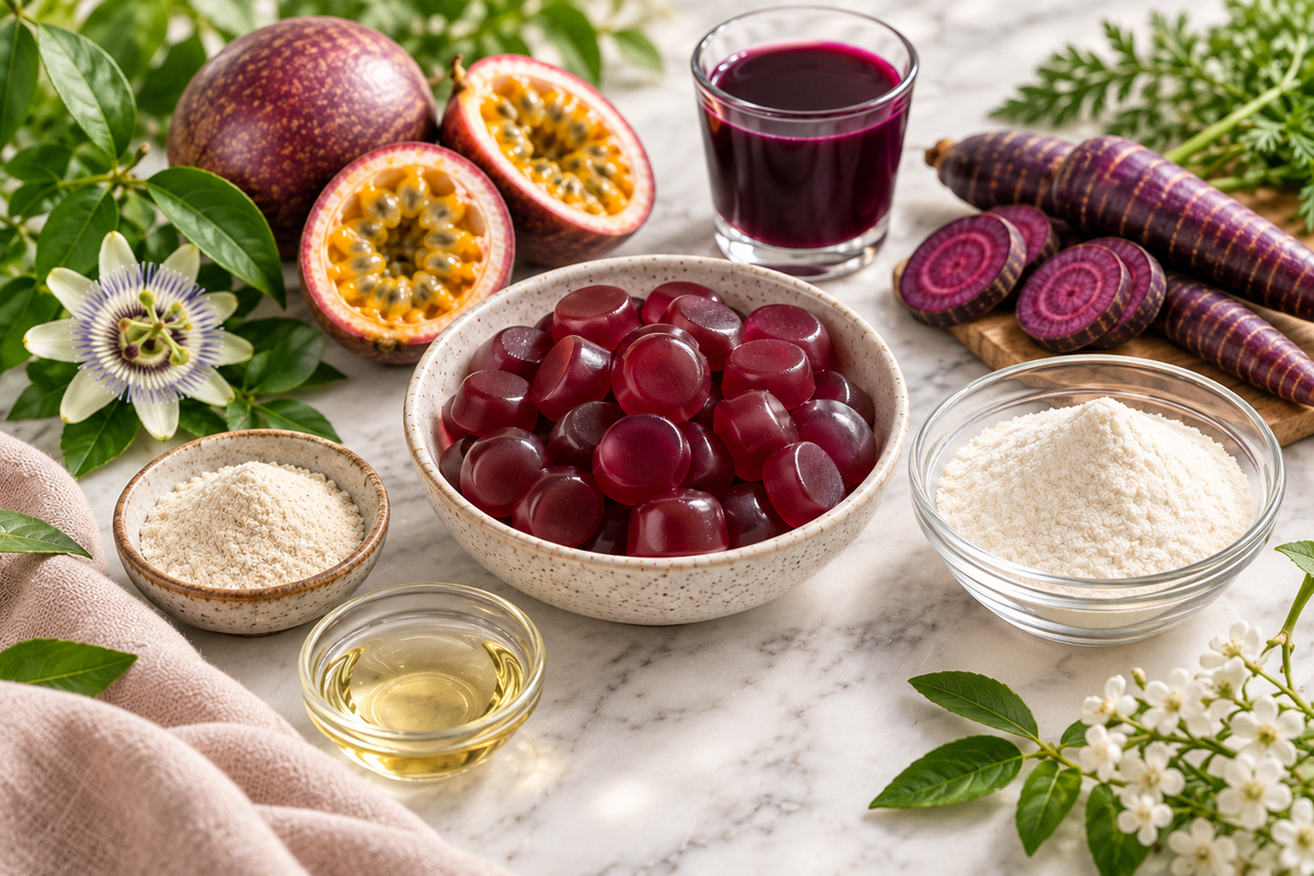 WOZOLIFE gummies ingredient inspired still life with passion fruit, purple carrot, pectin and collagen powder