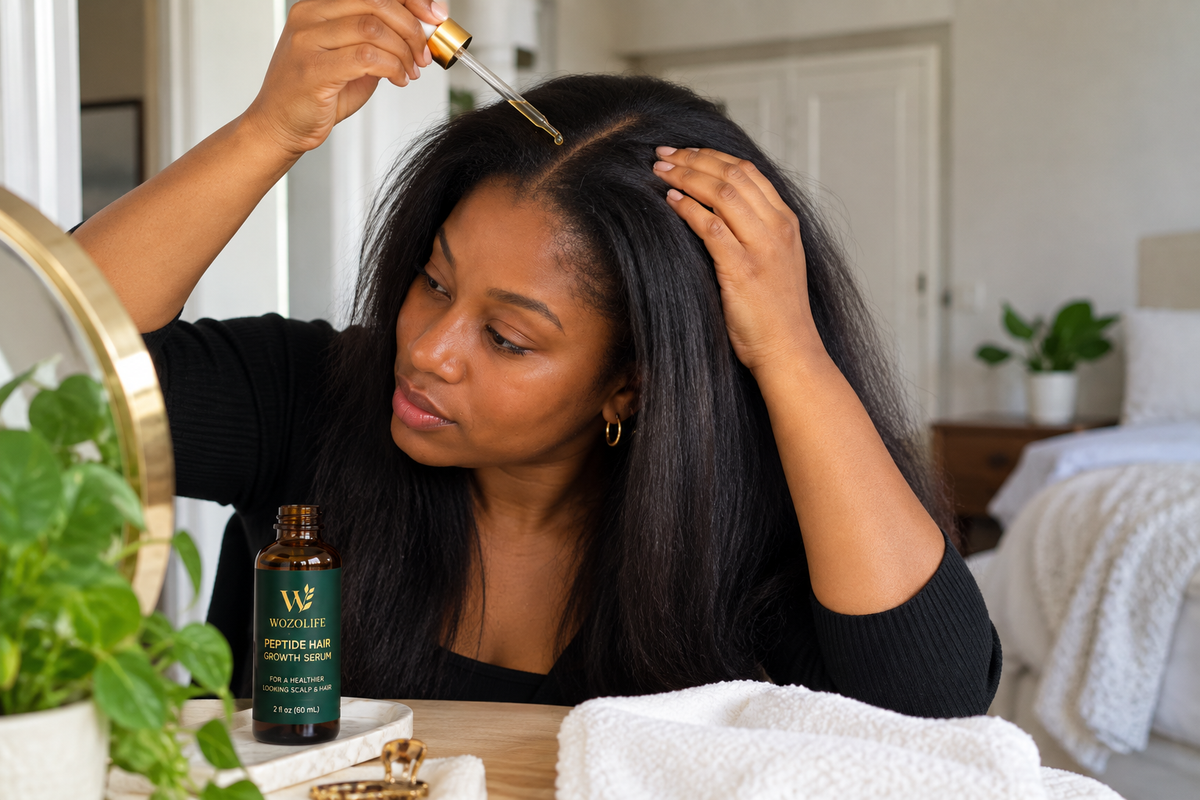 Woman applying peptide hair serum directly to her scalp as part of a consistent hair care routine